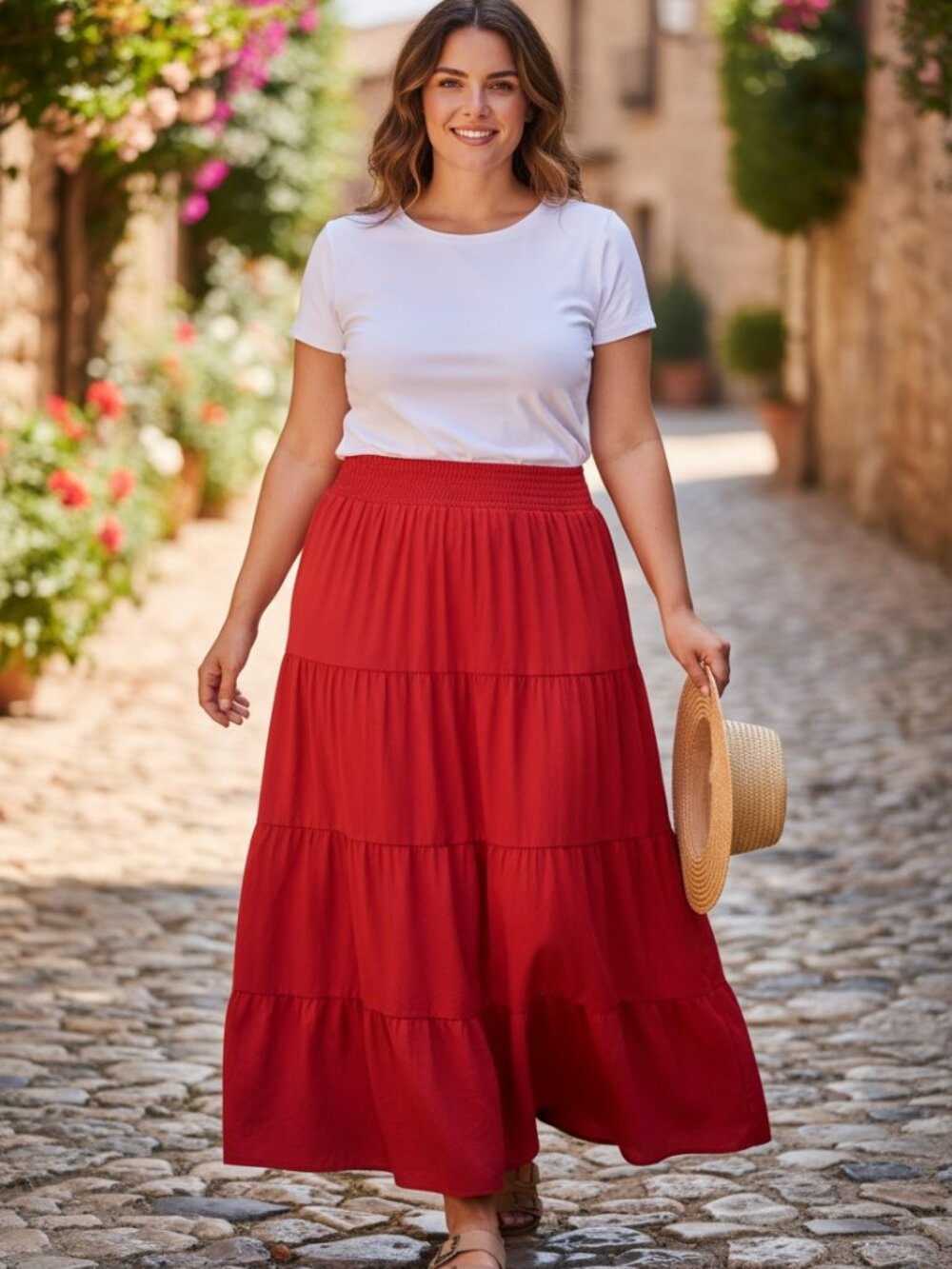 CB Established 1962 Red Tiered Smocked Midi Maxi Skirt 1X Like New